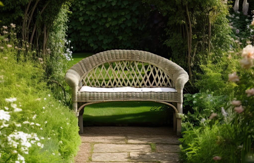 Gartenbank aus echtem Rattan – passt perfekt in einen englischen Garten (Foto: Mid).